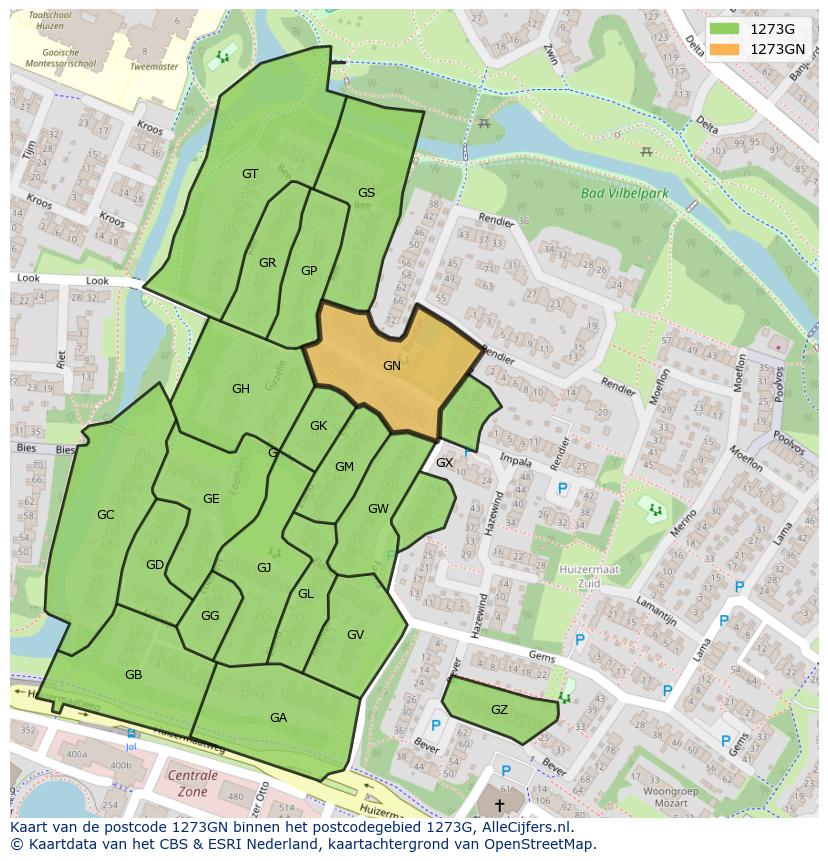 Afbeelding van het postcodegebied 1273 GN op de kaart.