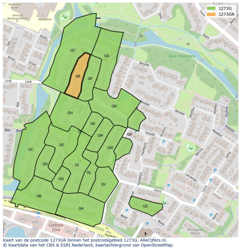 Afbeelding van het postcodegebied 1273 GR op de kaart.