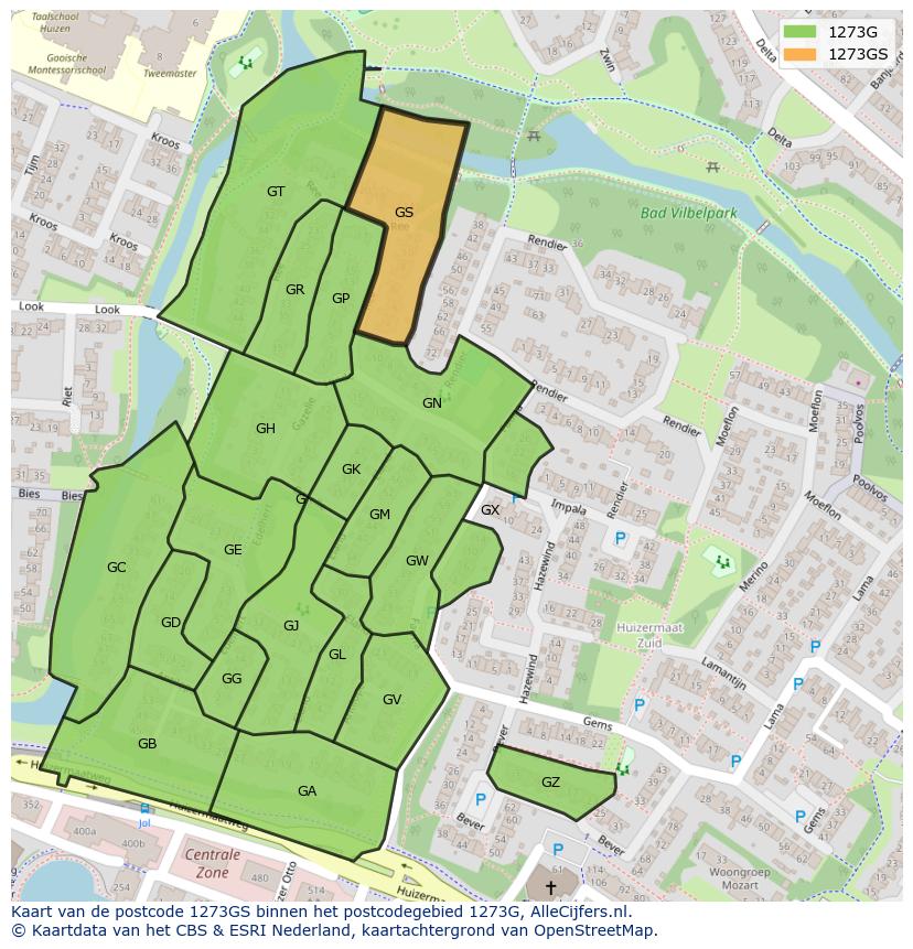 Afbeelding van het postcodegebied 1273 GS op de kaart.