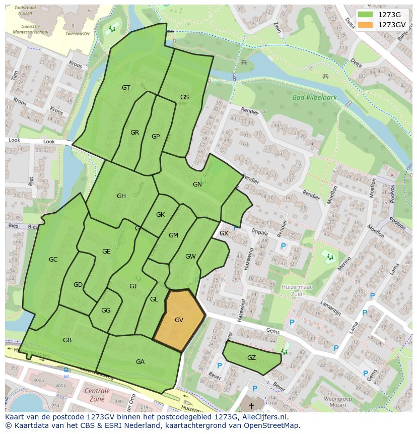 Afbeelding van het postcodegebied 1273 GV op de kaart.