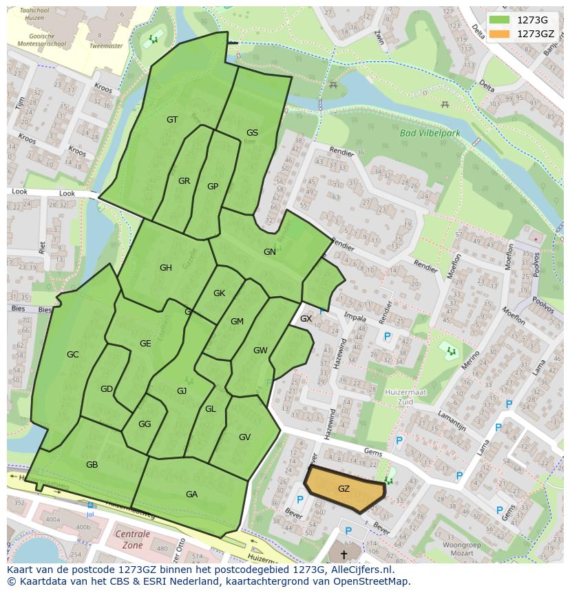 Afbeelding van het postcodegebied 1273 GZ op de kaart.