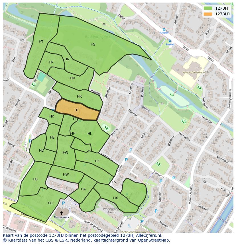Afbeelding van het postcodegebied 1273 HJ op de kaart.