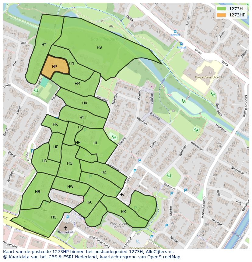 Afbeelding van het postcodegebied 1273 HP op de kaart.