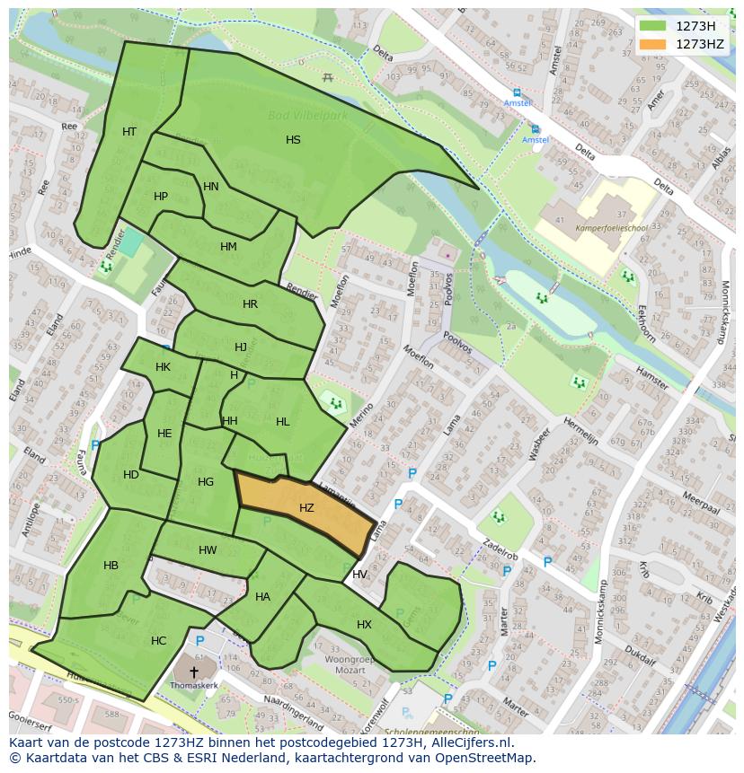 Afbeelding van het postcodegebied 1273 HZ op de kaart.