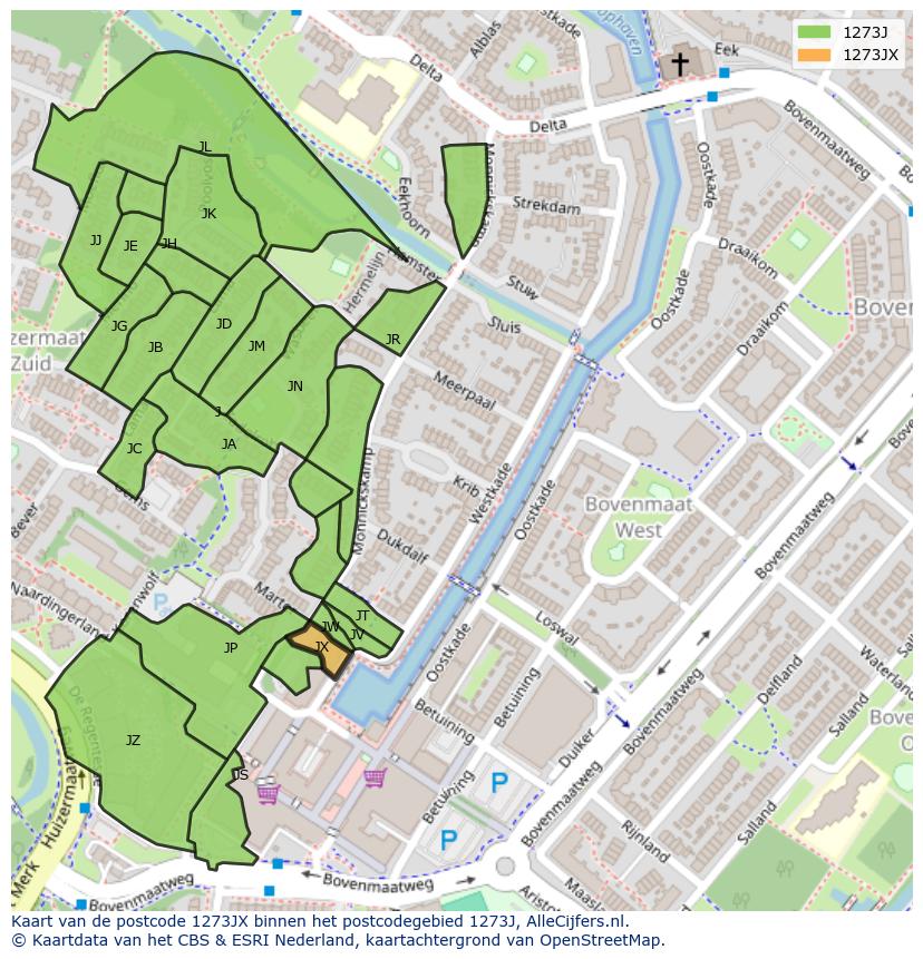 Afbeelding van het postcodegebied 1273 JX op de kaart.