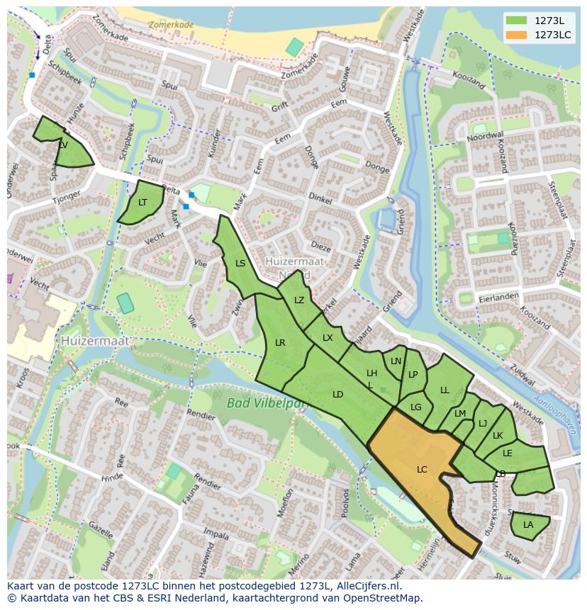 Afbeelding van het postcodegebied 1273 LC op de kaart.