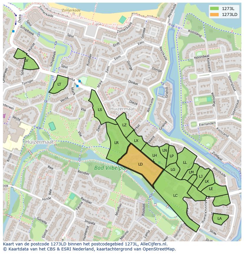 Afbeelding van het postcodegebied 1273 LD op de kaart.