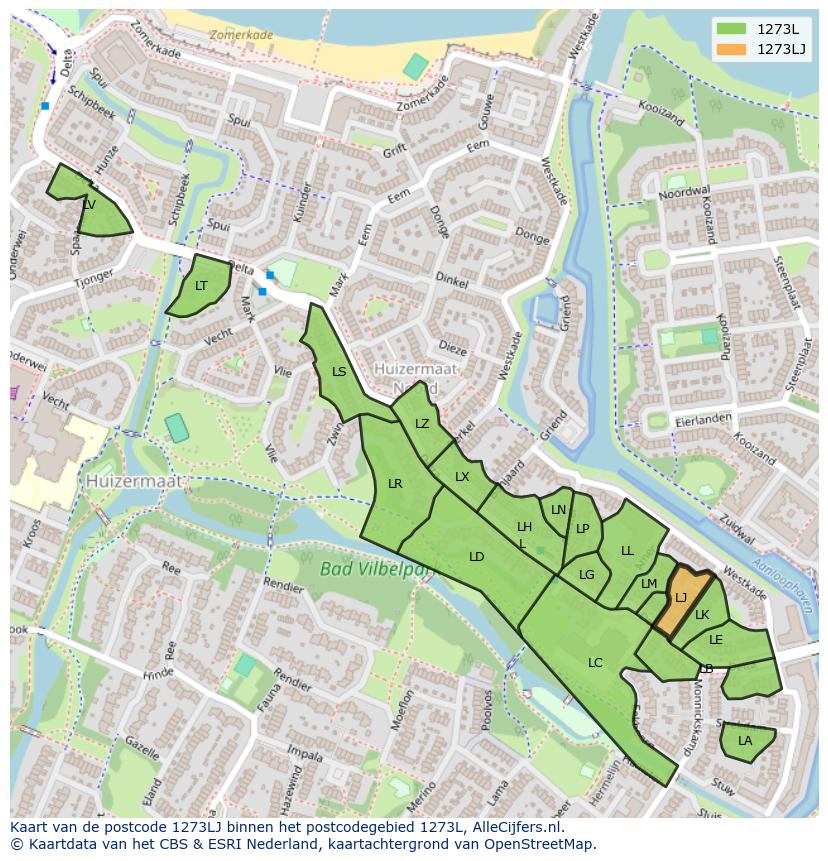 Afbeelding van het postcodegebied 1273 LJ op de kaart.