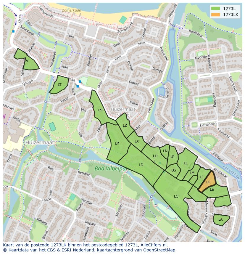 Afbeelding van het postcodegebied 1273 LK op de kaart.