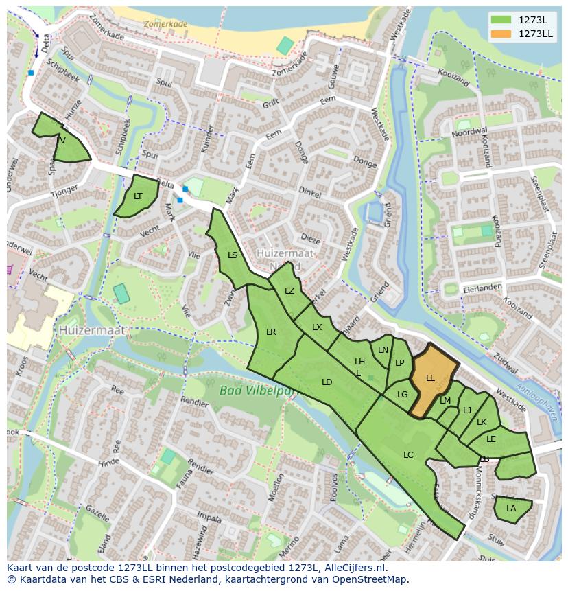Afbeelding van het postcodegebied 1273 LL op de kaart.
