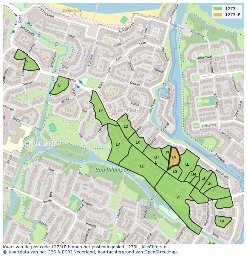 Afbeelding van het postcodegebied 1273 LP op de kaart.