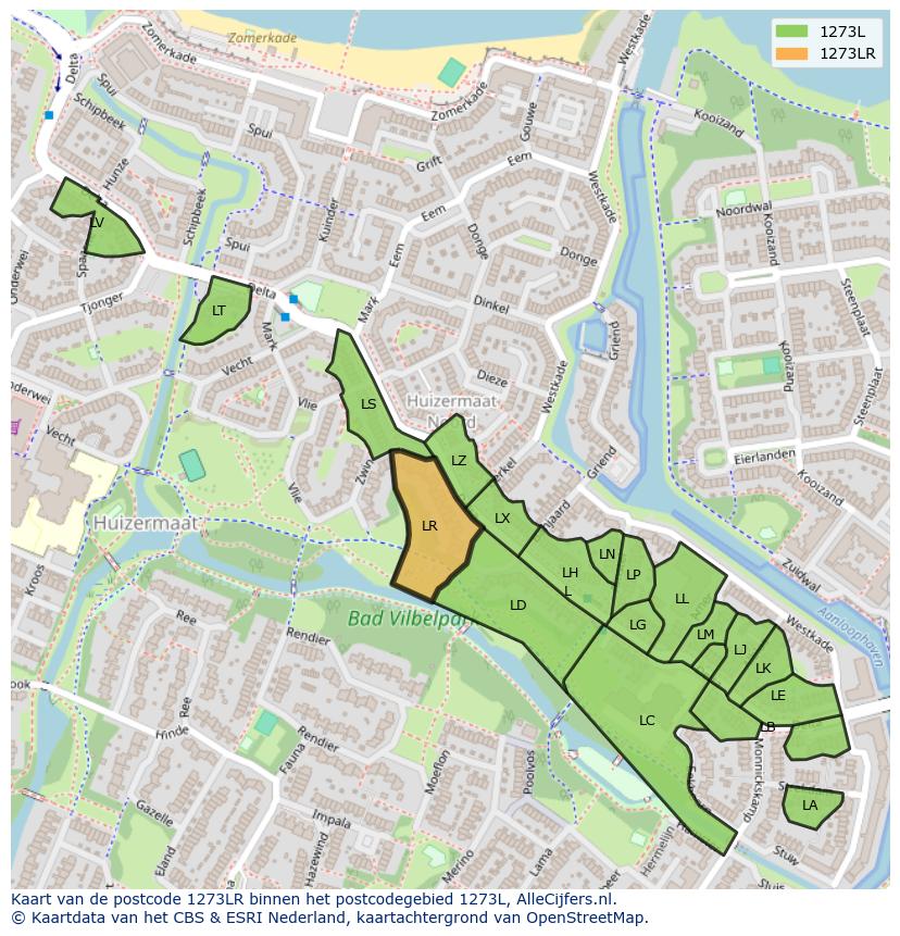 Afbeelding van het postcodegebied 1273 LR op de kaart.