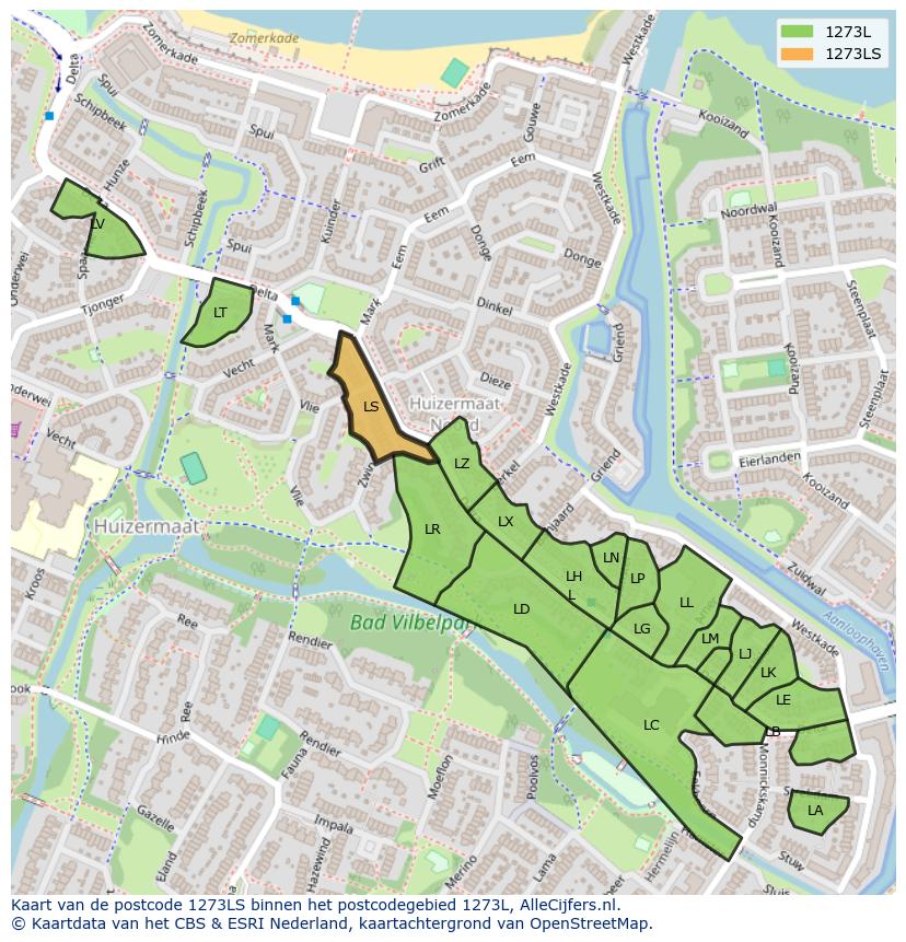 Afbeelding van het postcodegebied 1273 LS op de kaart.