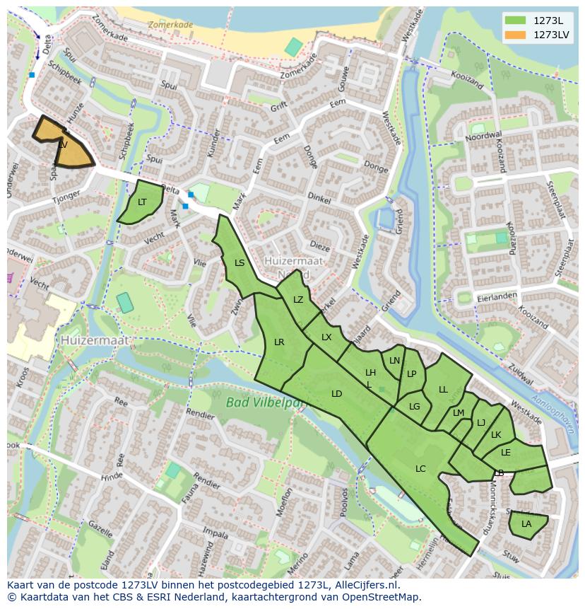 Afbeelding van het postcodegebied 1273 LV op de kaart.