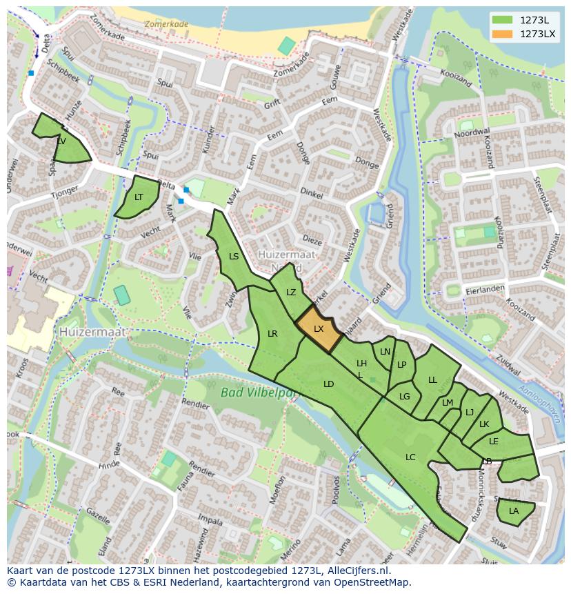 Afbeelding van het postcodegebied 1273 LX op de kaart.