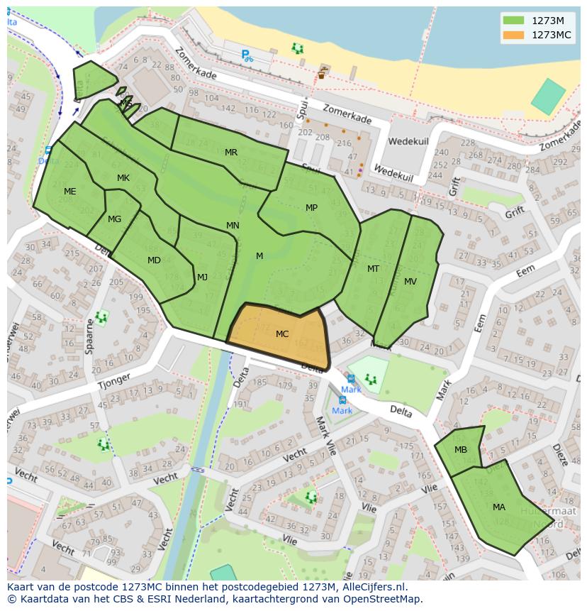 Afbeelding van het postcodegebied 1273 MC op de kaart.