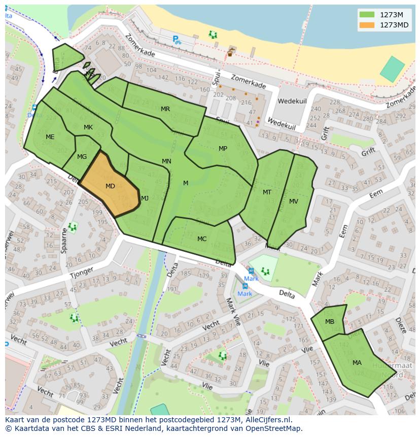 Afbeelding van het postcodegebied 1273 MD op de kaart.