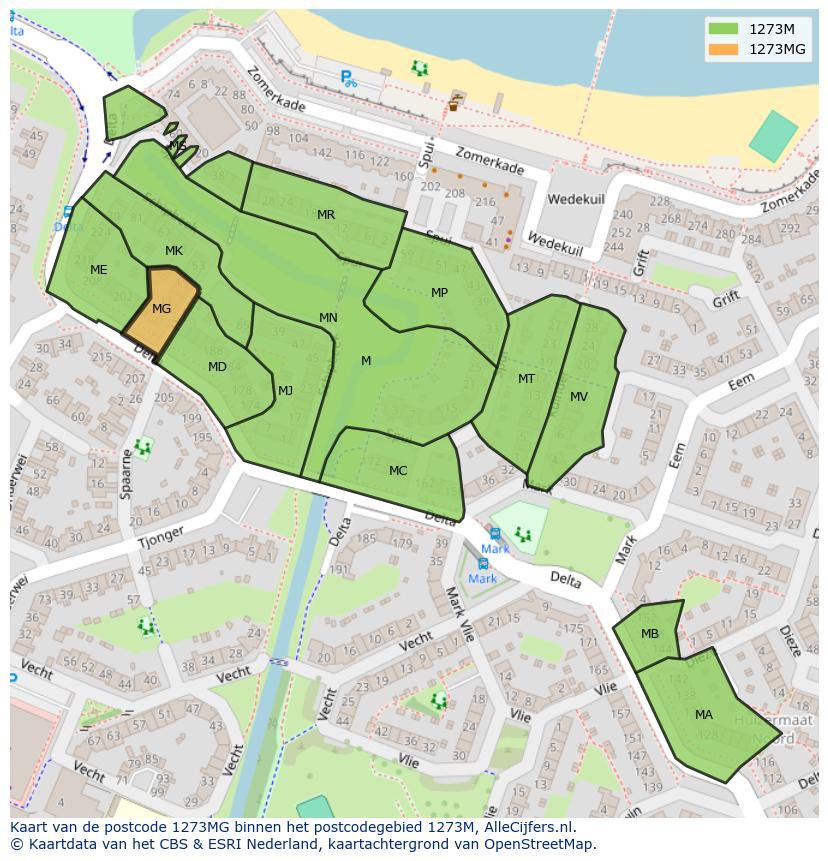Afbeelding van het postcodegebied 1273 MG op de kaart.