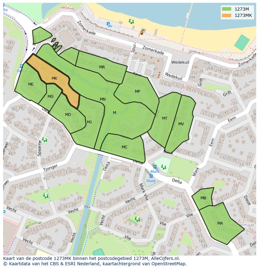 Afbeelding van het postcodegebied 1273 MK op de kaart.