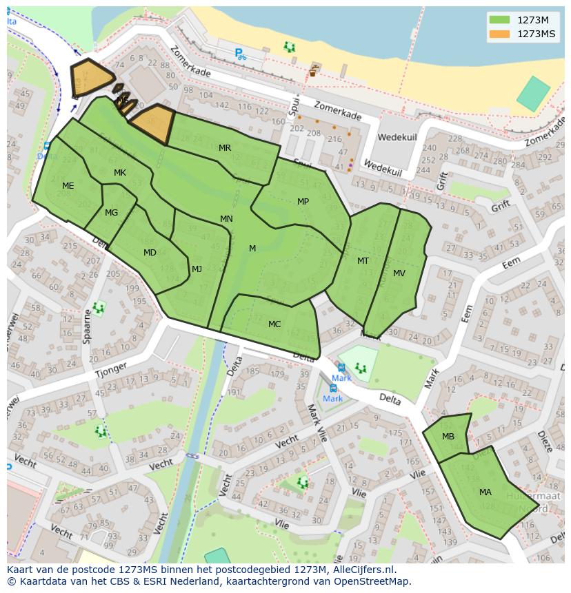 Afbeelding van het postcodegebied 1273 MS op de kaart.