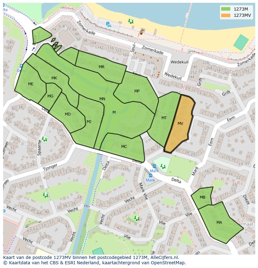 Afbeelding van het postcodegebied 1273 MV op de kaart.