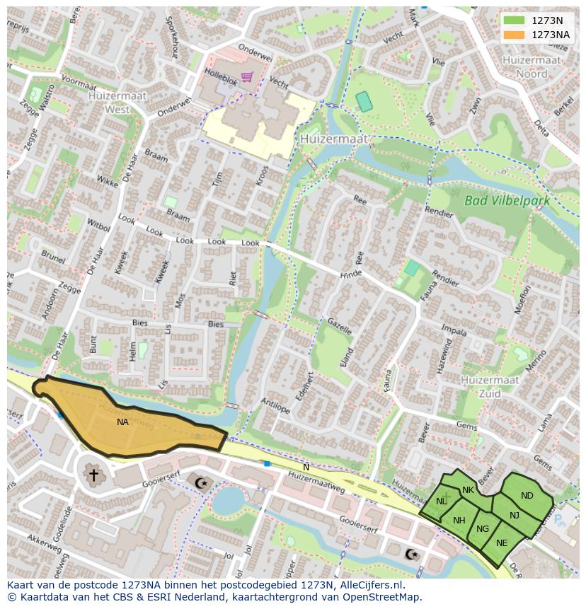 Afbeelding van het postcodegebied 1273 NA op de kaart.