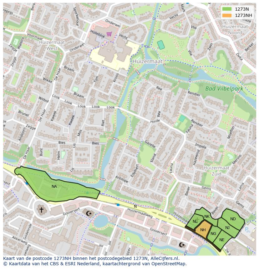 Afbeelding van het postcodegebied 1273 NH op de kaart.