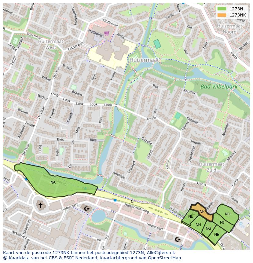 Afbeelding van het postcodegebied 1273 NK op de kaart.