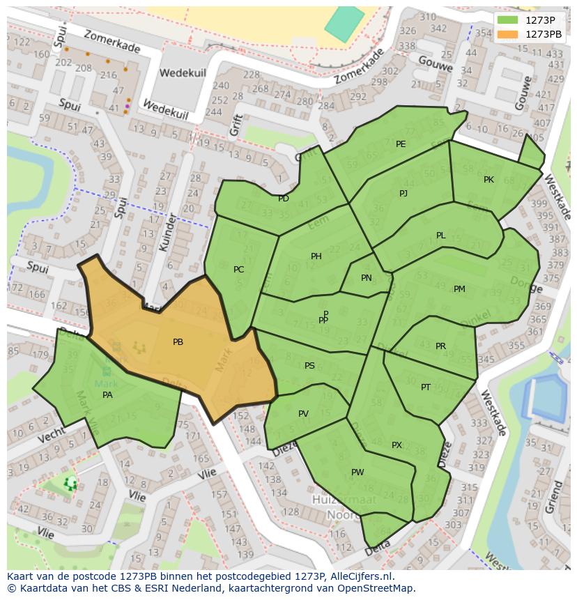 Afbeelding van het postcodegebied 1273 PB op de kaart.