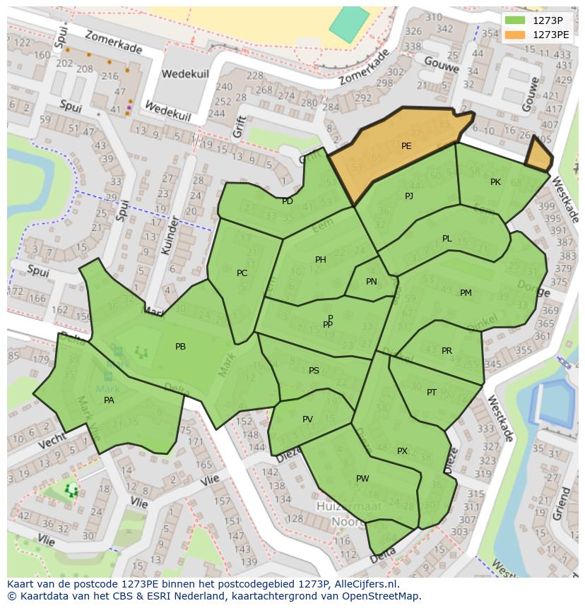 Afbeelding van het postcodegebied 1273 PE op de kaart.