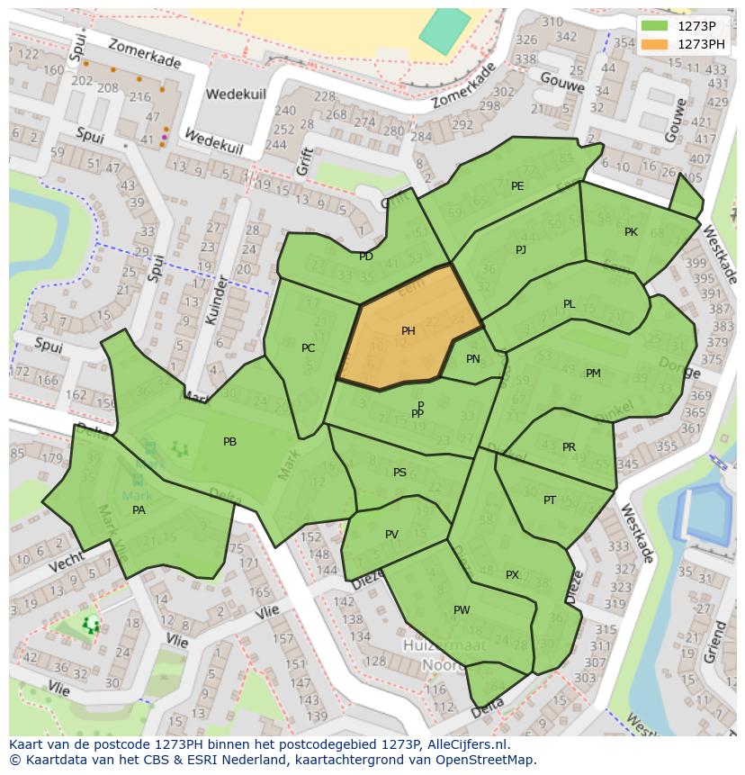 Afbeelding van het postcodegebied 1273 PH op de kaart.