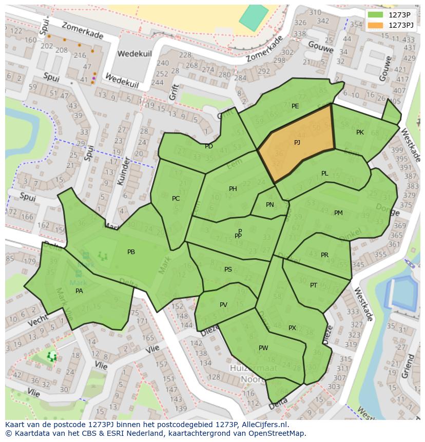 Afbeelding van het postcodegebied 1273 PJ op de kaart.