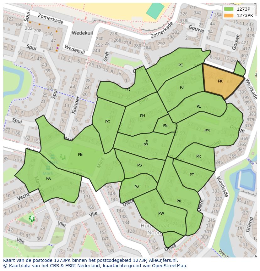 Afbeelding van het postcodegebied 1273 PK op de kaart.