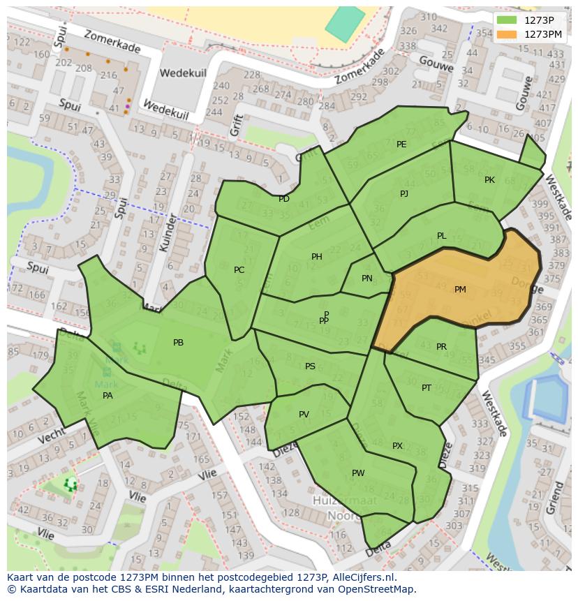 Afbeelding van het postcodegebied 1273 PM op de kaart.