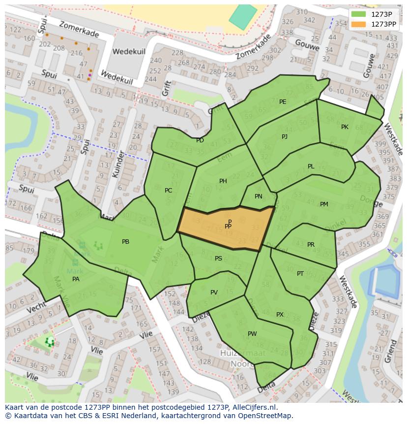 Afbeelding van het postcodegebied 1273 PP op de kaart.