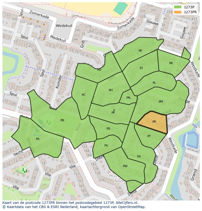 Afbeelding van het postcodegebied 1273 PR op de kaart.