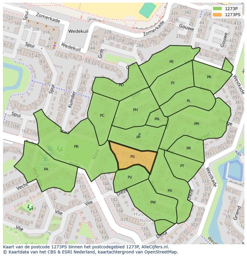Afbeelding van het postcodegebied 1273 PS op de kaart.