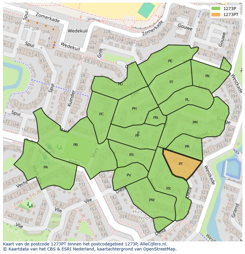 Afbeelding van het postcodegebied 1273 PT op de kaart.