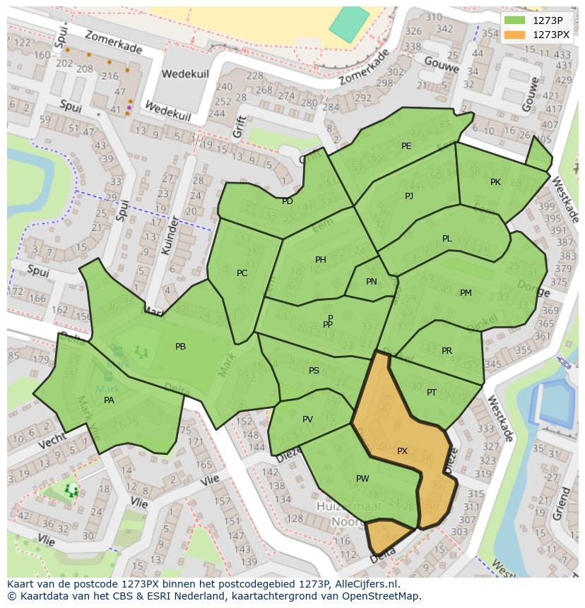 Afbeelding van het postcodegebied 1273 PX op de kaart.