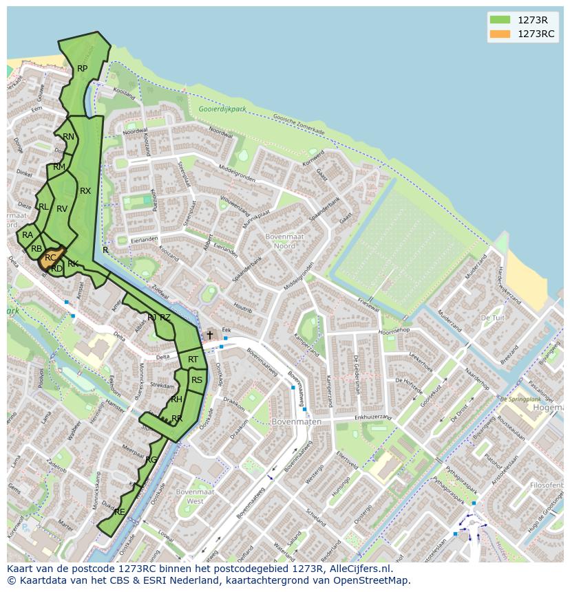 Afbeelding van het postcodegebied 1273 RC op de kaart.
