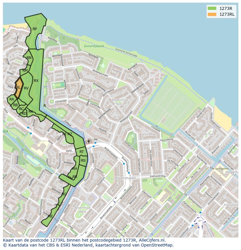Afbeelding van het postcodegebied 1273 RL op de kaart.