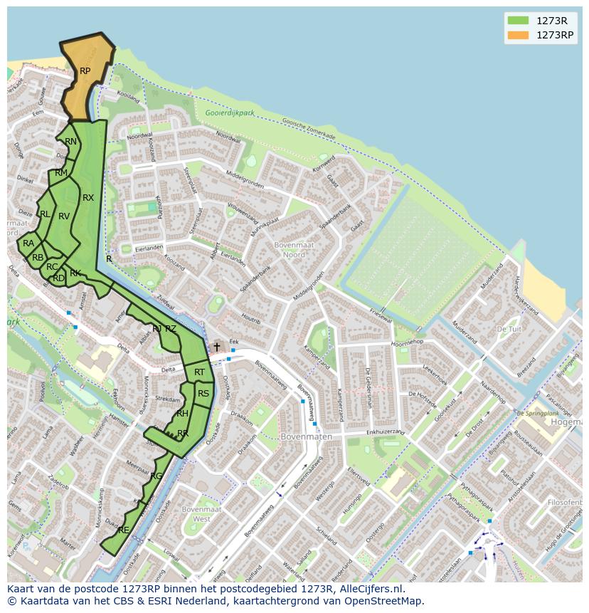 Afbeelding van het postcodegebied 1273 RP op de kaart.