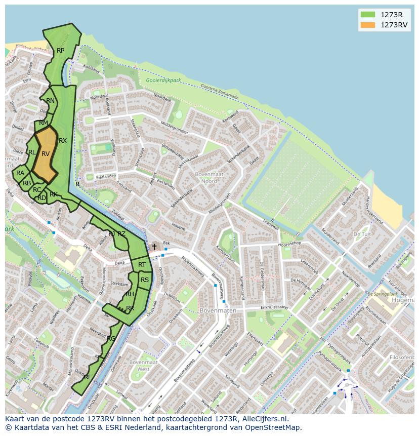 Afbeelding van het postcodegebied 1273 RV op de kaart.