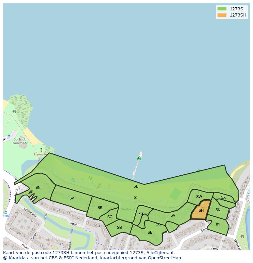 Afbeelding van het postcodegebied 1273 SH op de kaart.