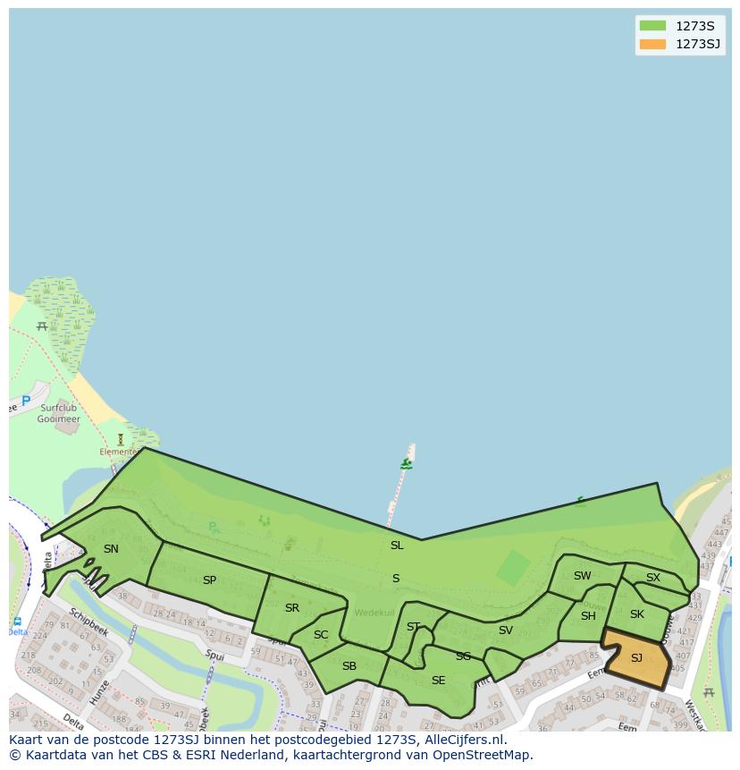 Afbeelding van het postcodegebied 1273 SJ op de kaart.