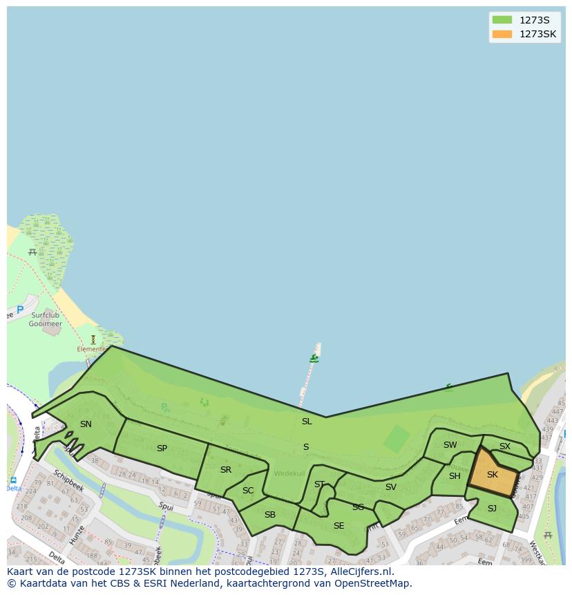 Afbeelding van het postcodegebied 1273 SK op de kaart.