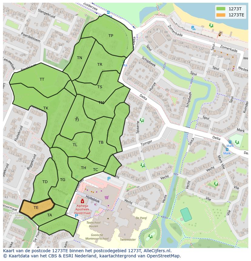 Afbeelding van het postcodegebied 1273 TE op de kaart.