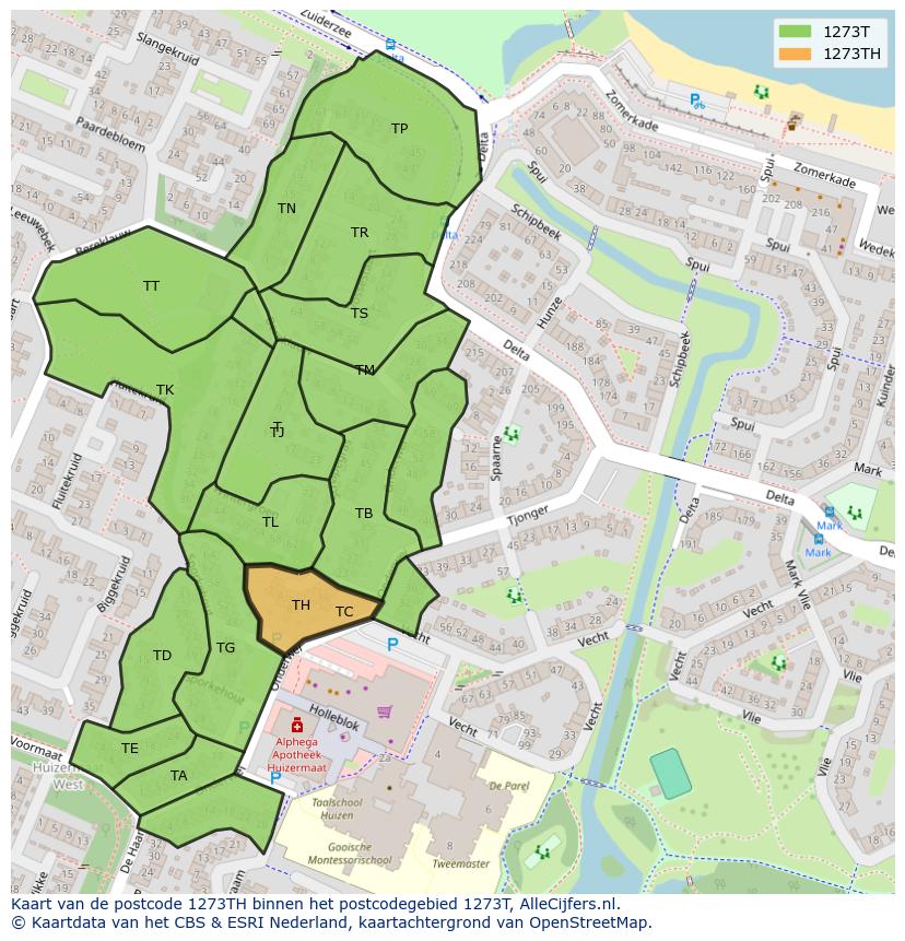Afbeelding van het postcodegebied 1273 TH op de kaart.