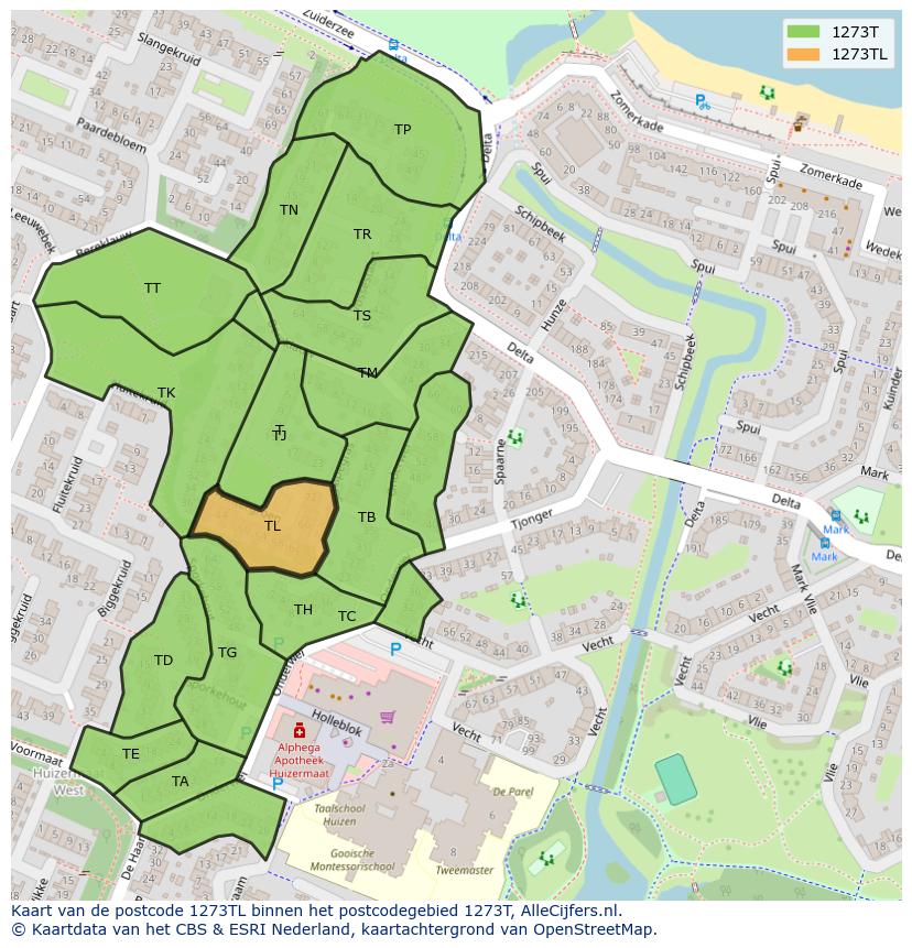 Afbeelding van het postcodegebied 1273 TL op de kaart.