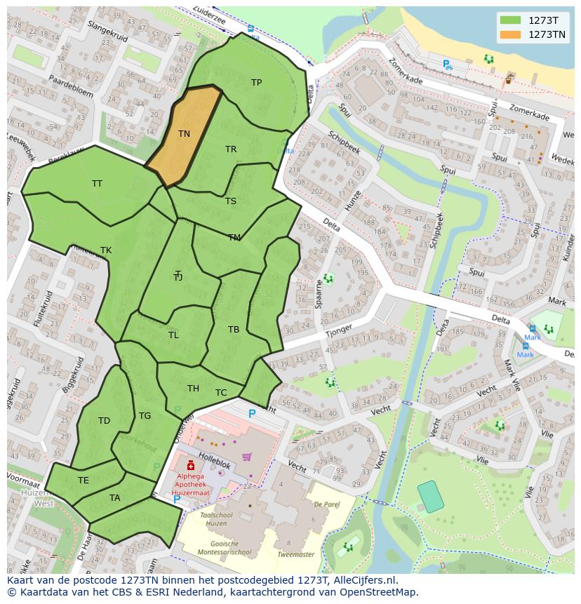 Afbeelding van het postcodegebied 1273 TN op de kaart.